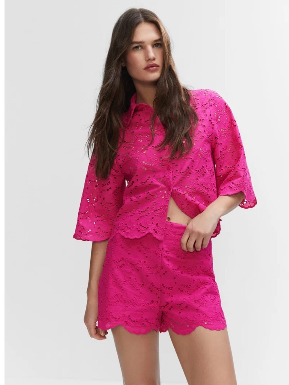 MANGO Embroidered Openwork Shorts & Matching Blouse Top SET Pink Size Small/XS